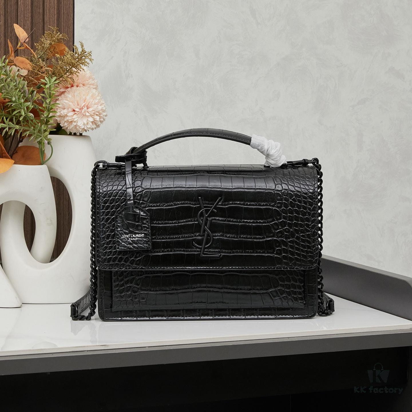 Saint Laurent SUNSET Embossed Crocodile-Texture Shiny Leather Chain Handbag with Box