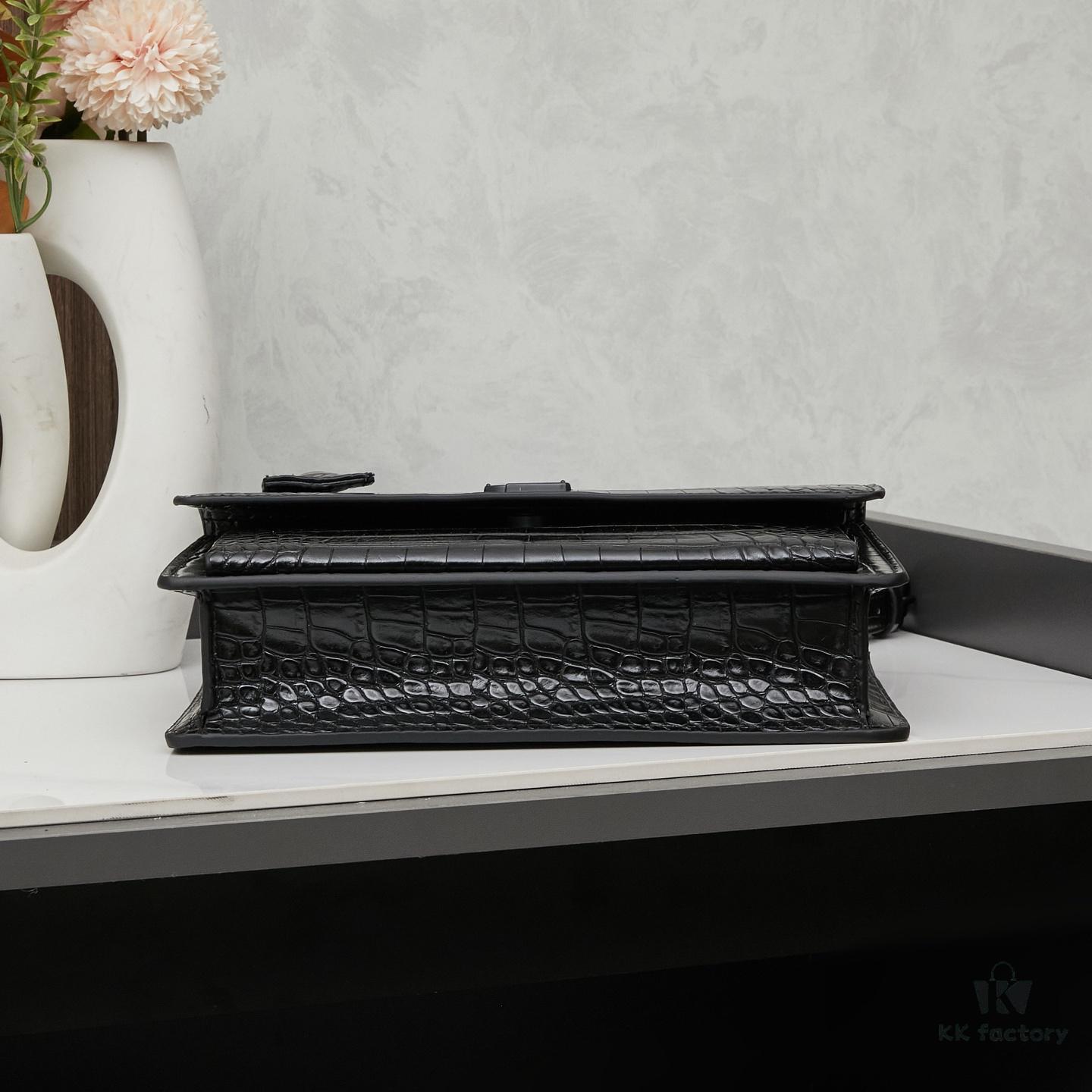 Saint Laurent SUNSET Embossed Crocodile-Texture Shiny Leather Chain Handbag with Box