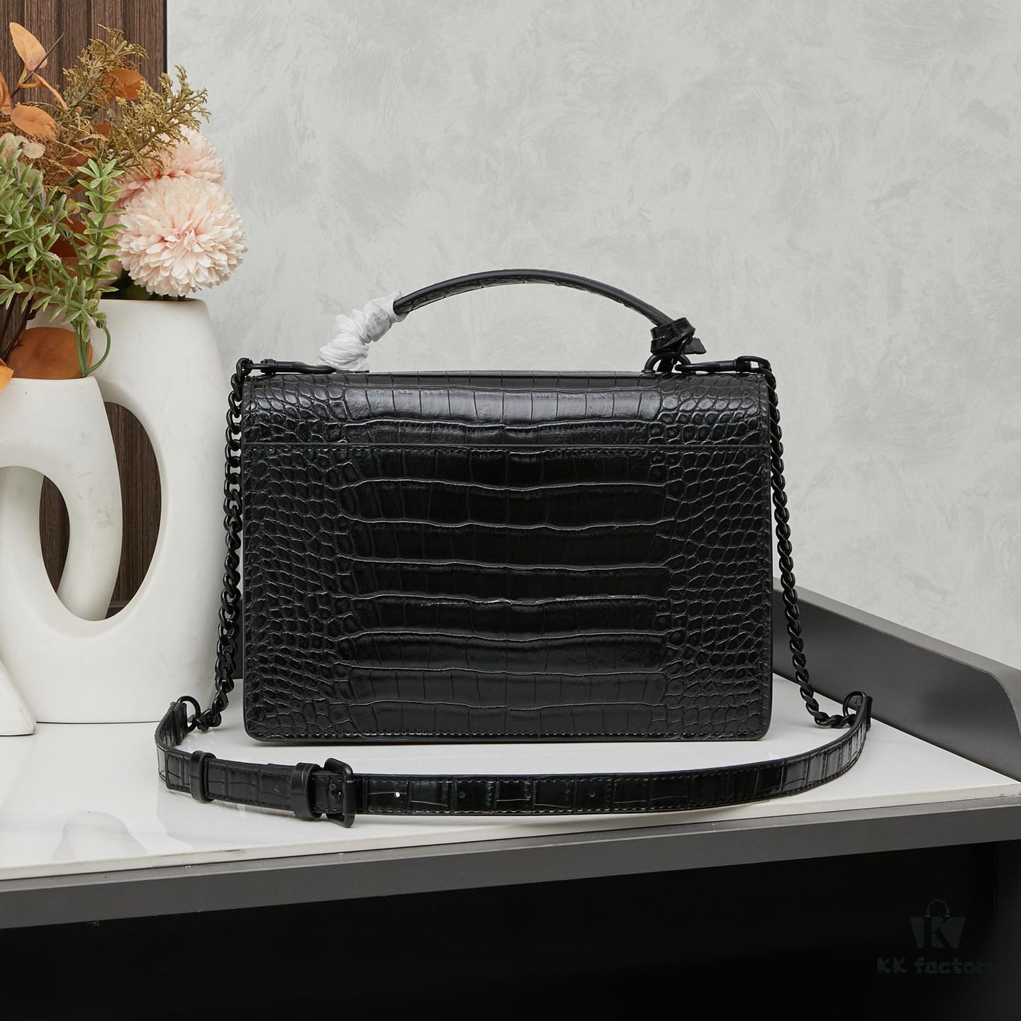 Saint Laurent SUNSET Embossed Crocodile-Texture Shiny Leather Chain Handbag with Box