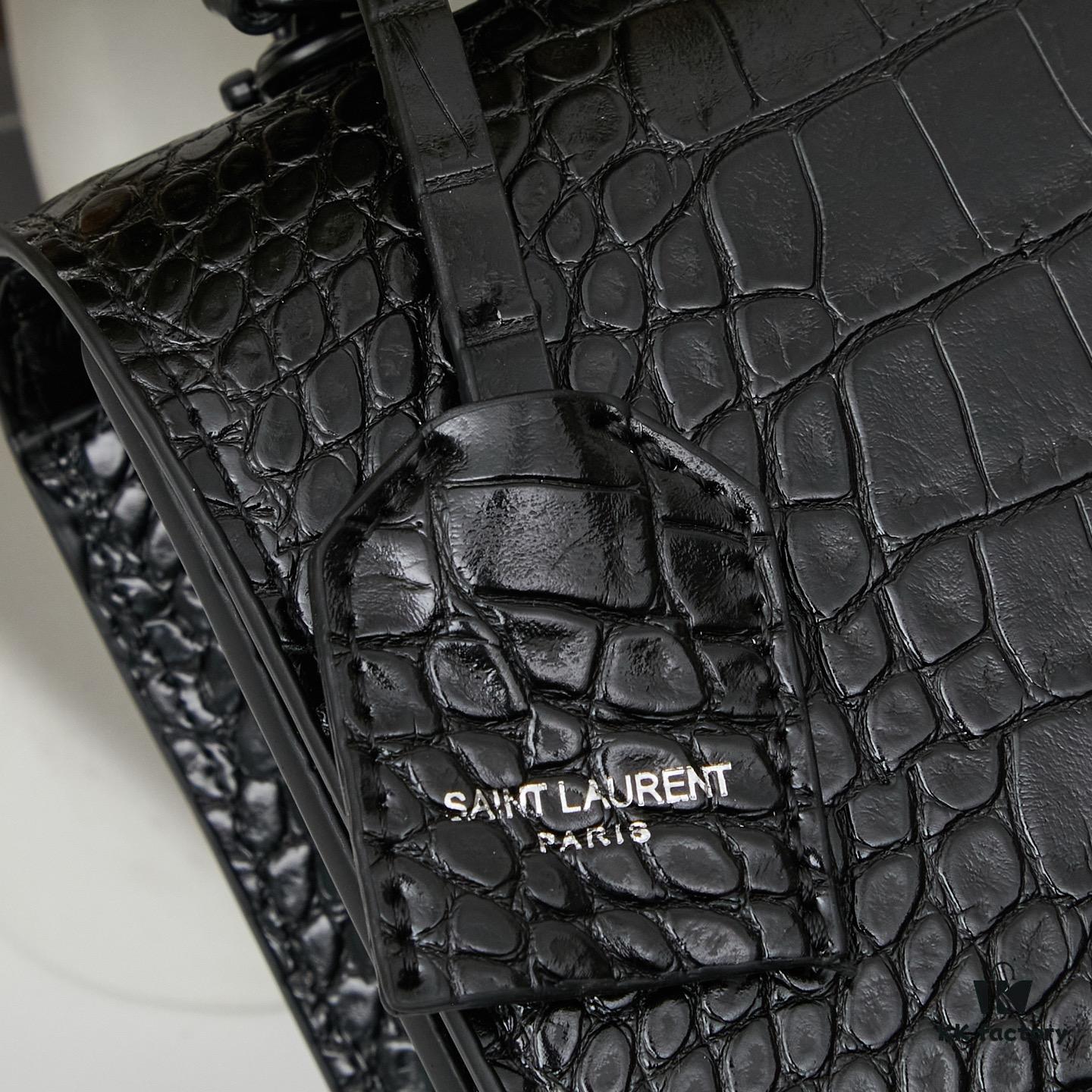 Saint Laurent SUNSET Embossed Crocodile-Texture Shiny Leather Chain Handbag with Box
