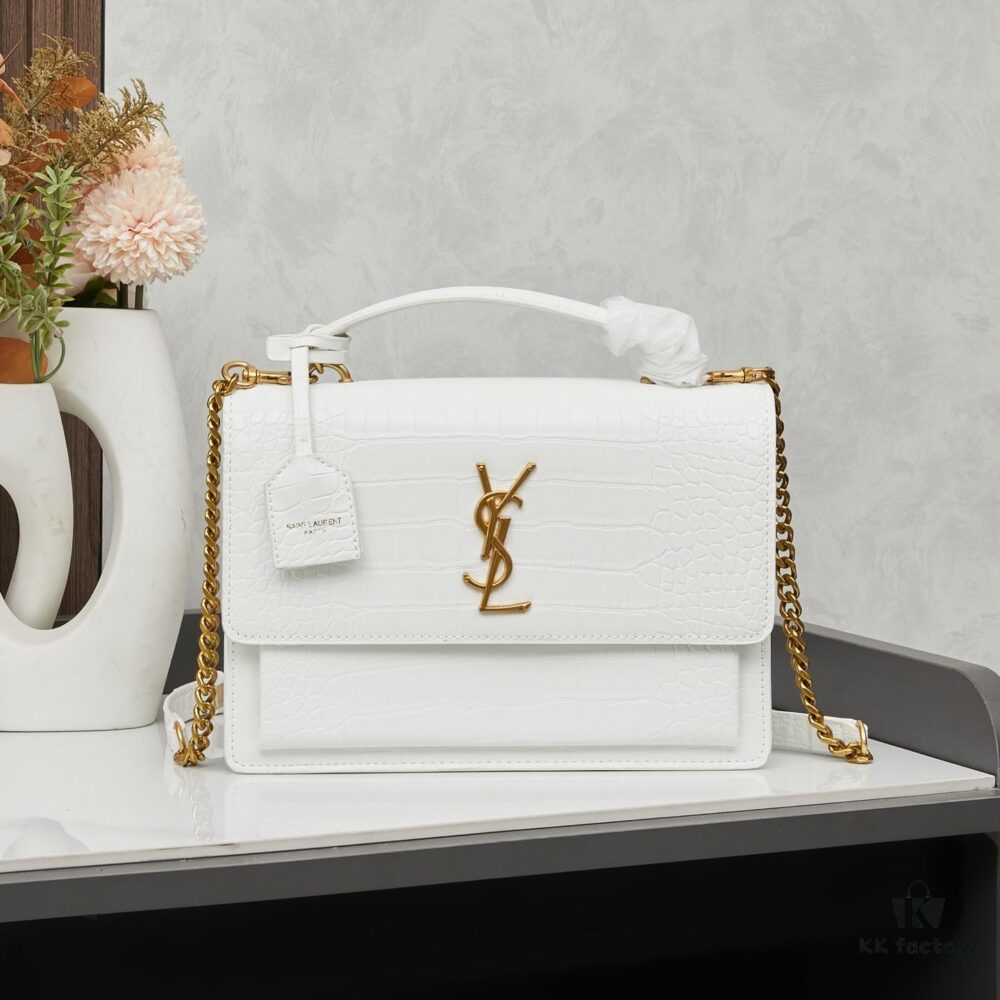 YSL Sunset Crocodile-Embossed Shiny Leather Chain Handbag with Box