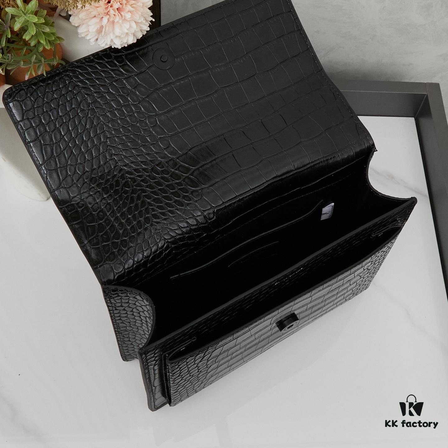 Saint Laurent SUNSET Embossed Crocodile-Texture Shiny Leather Chain Handbag with Box