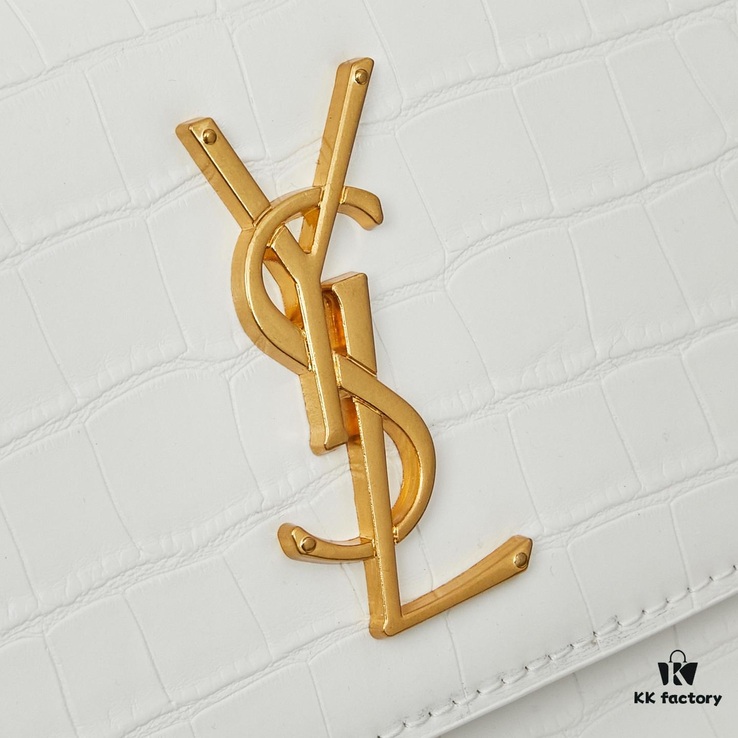 YSL Sunset Crocodile-Embossed Shiny Leather Chain Handbag with Box