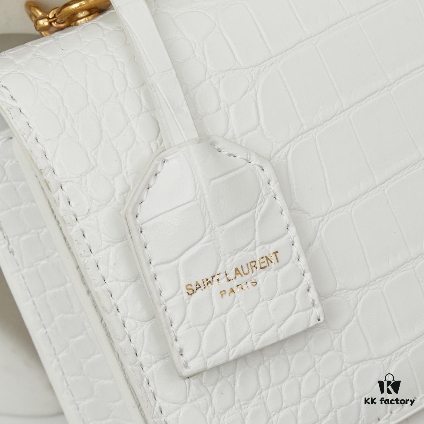 YSL Sunset Crocodile-Embossed Shiny Leather Chain Handbag with Box