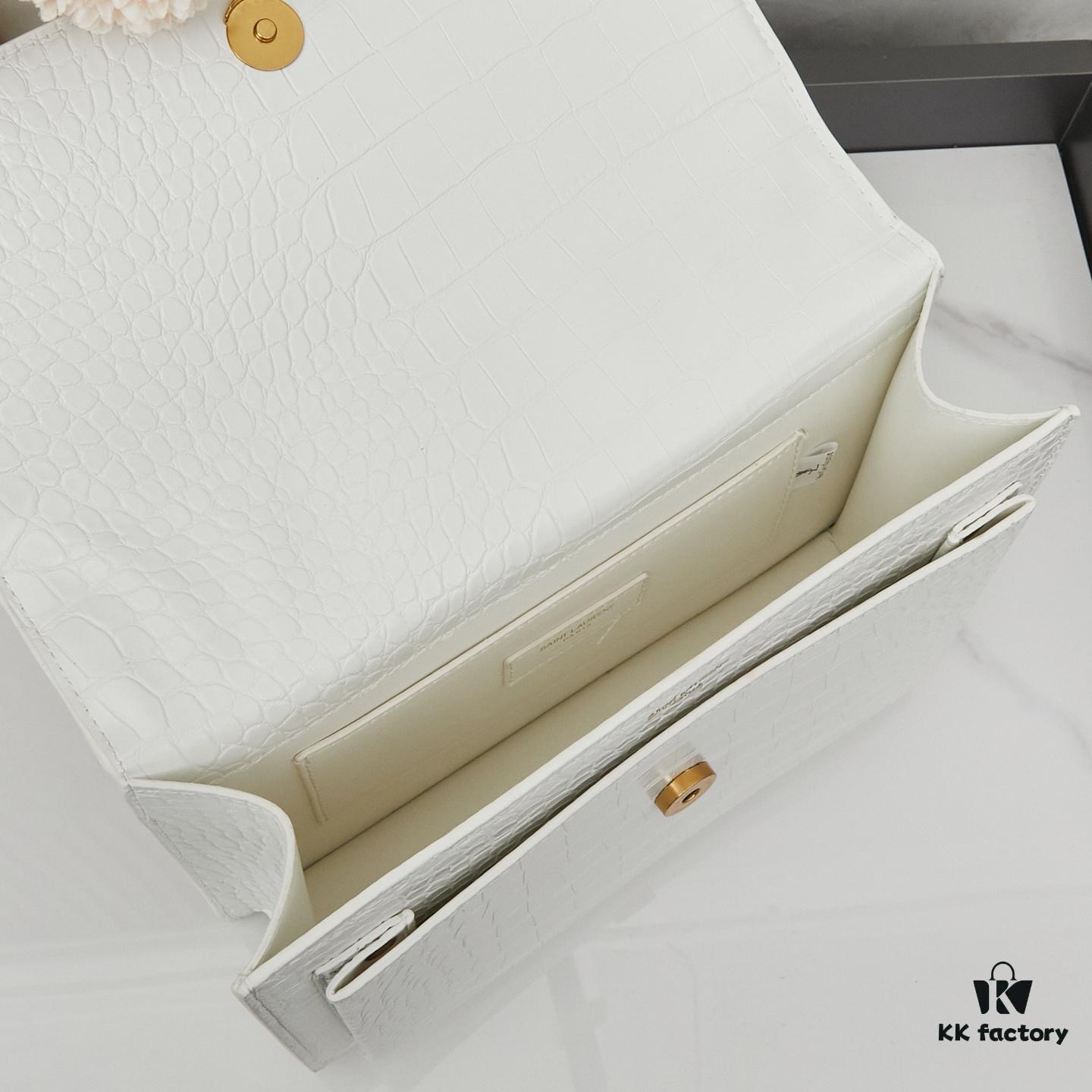 YSL Sunset Crocodile-Embossed Shiny Leather Chain Handbag with Box