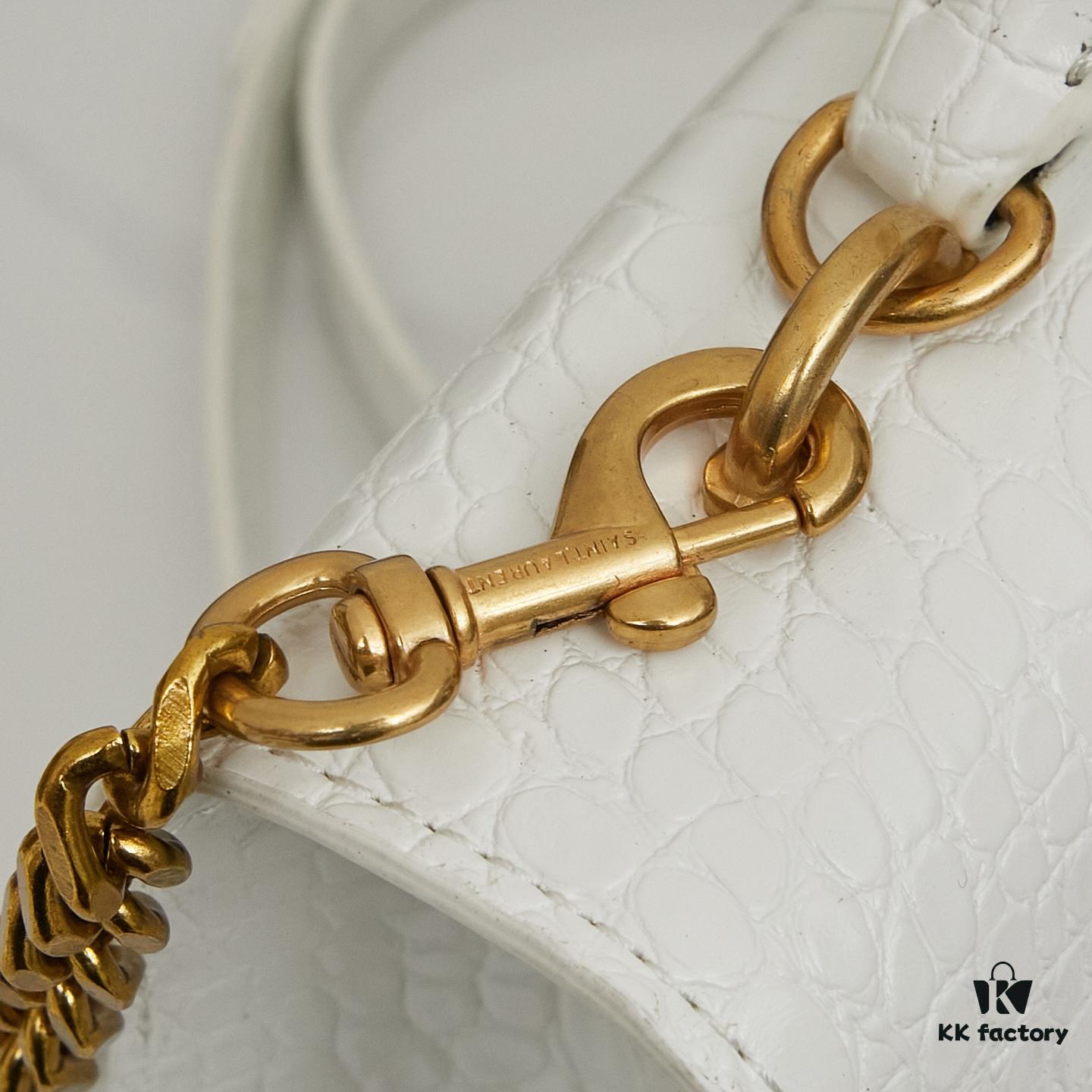 YSL Sunset Crocodile-Embossed Shiny Leather Chain Handbag with Box