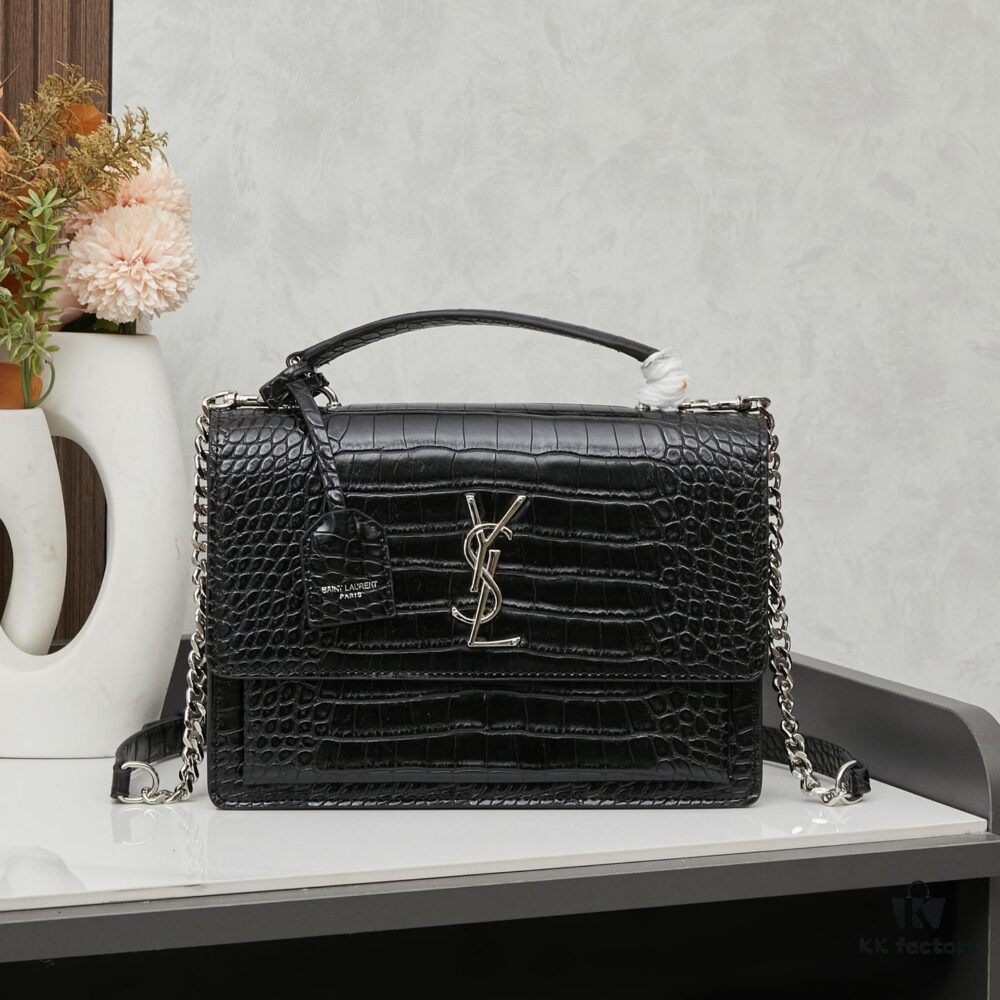 YSL SUNSET Crocodile Embossed Shiny Leather Chain Handbag with Box