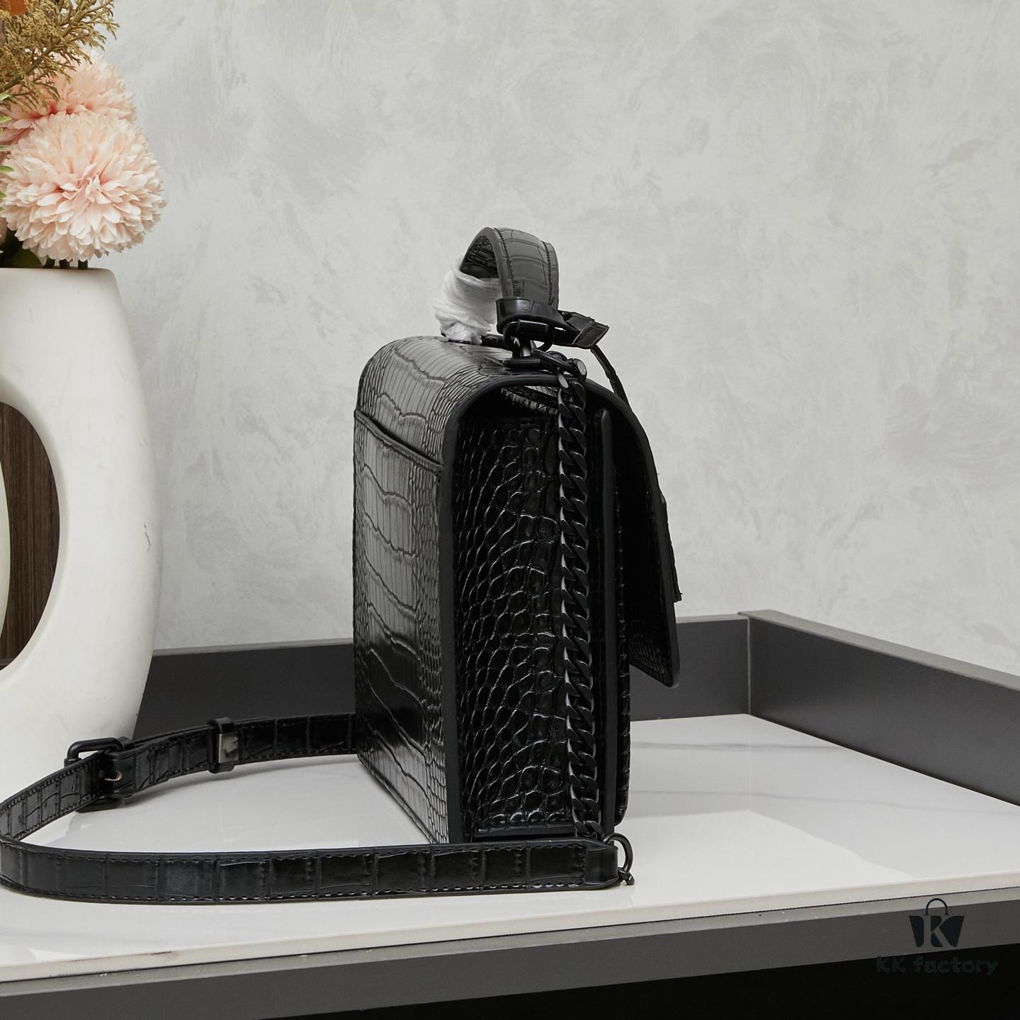 Saint Laurent SUNSET Embossed Crocodile-Texture Shiny Leather Chain Handbag with Box