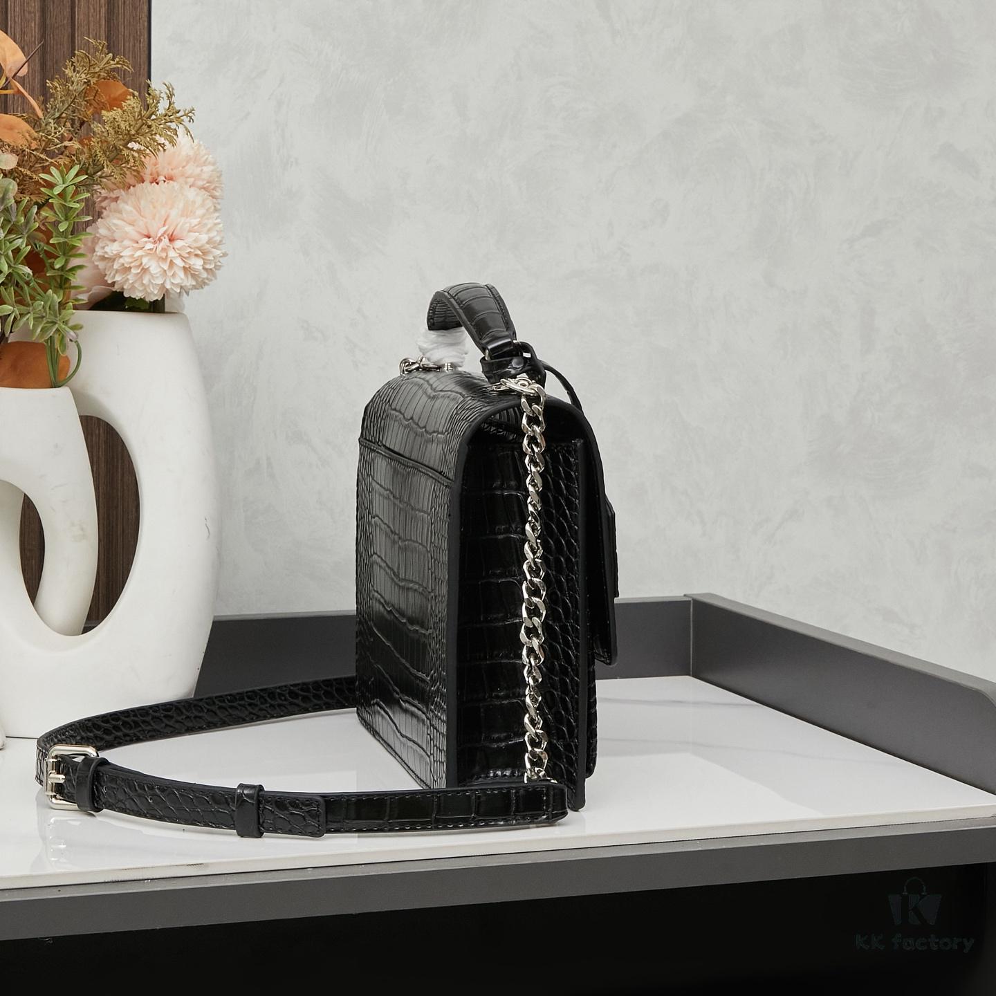 YSL SUNSET Crocodile Embossed Shiny Leather Chain Handbag with Box