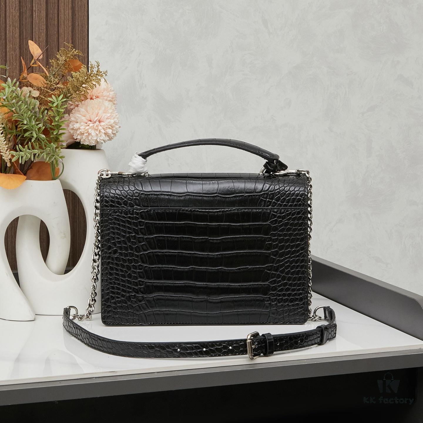 YSL SUNSET Crocodile Embossed Shiny Leather Chain Handbag with Box