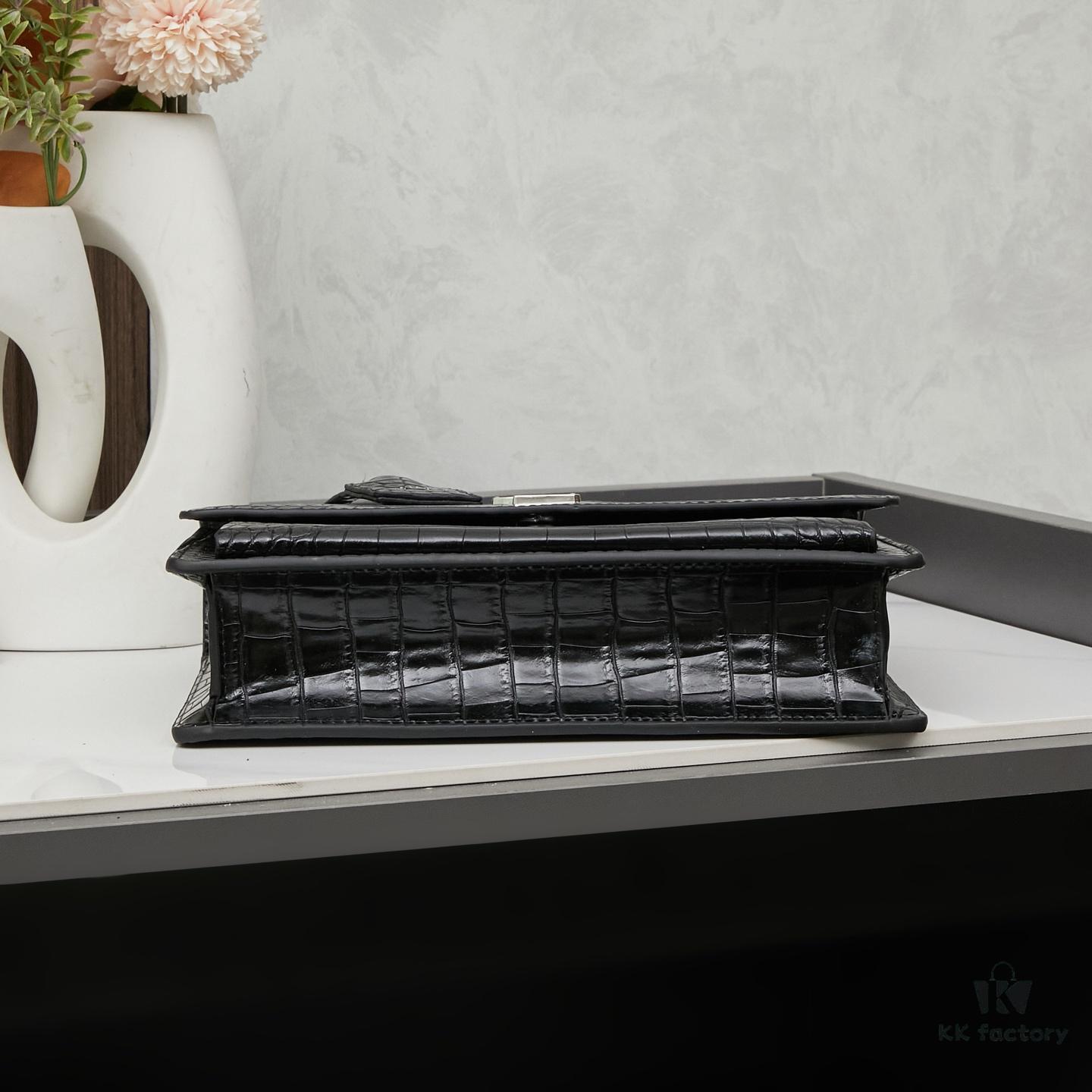 YSL SUNSET Crocodile Embossed Shiny Leather Chain Handbag with Box