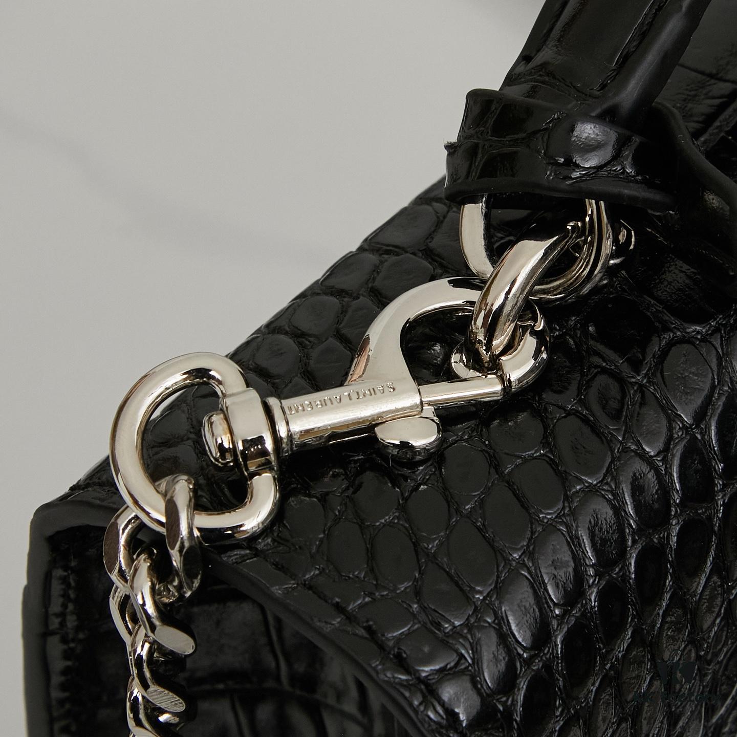 YSL SUNSET Crocodile Embossed Shiny Leather Chain Handbag with Box