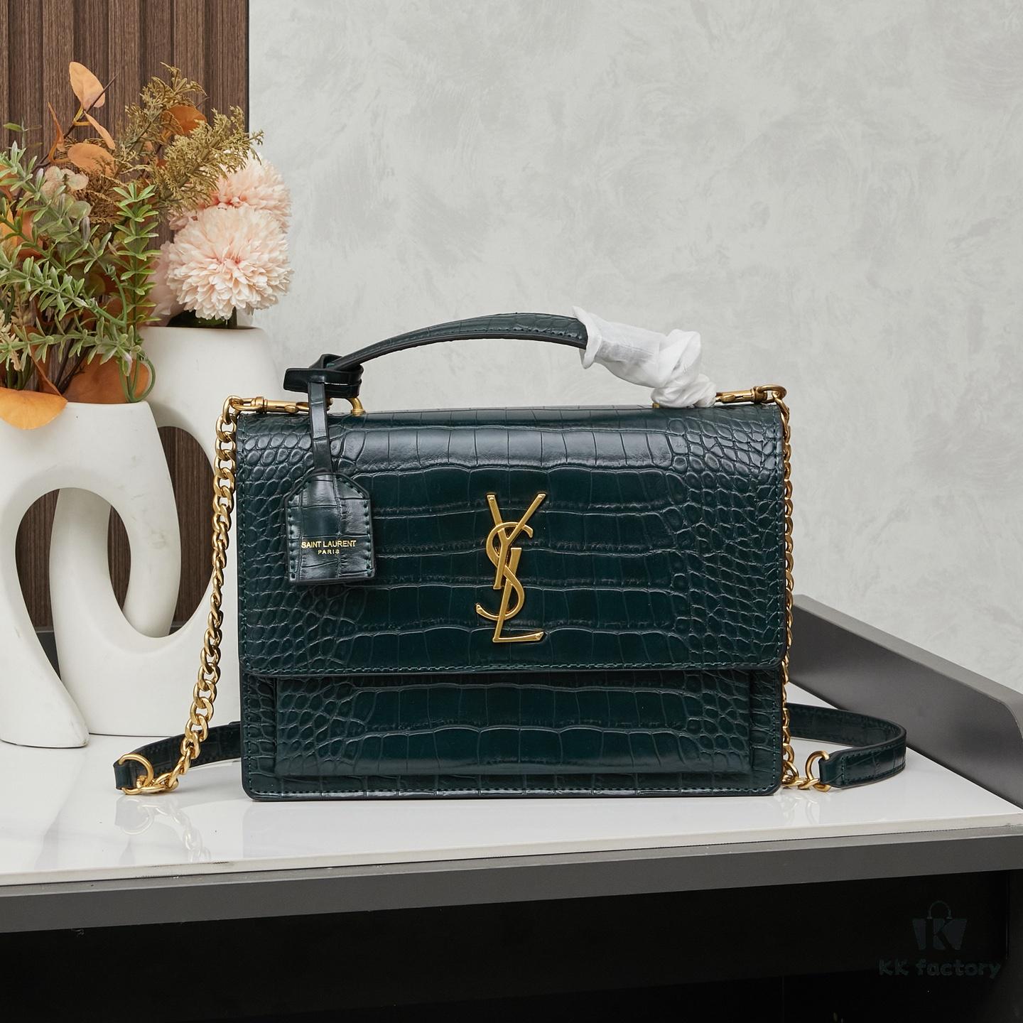 YSL SUNSET Crocodile-Embossed Shiny Leather Chain Handbag with Box