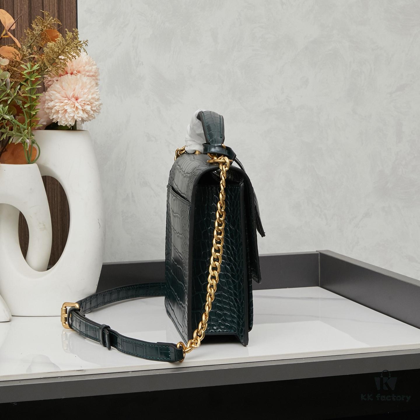 YSL SUNSET Crocodile-Embossed Shiny Leather Chain Handbag with Box