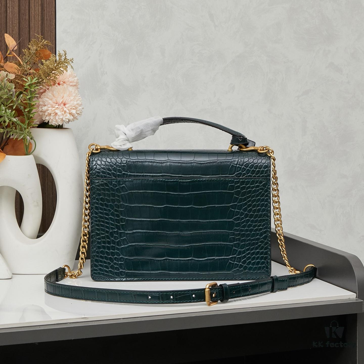 YSL SUNSET Crocodile-Embossed Shiny Leather Chain Handbag with Box