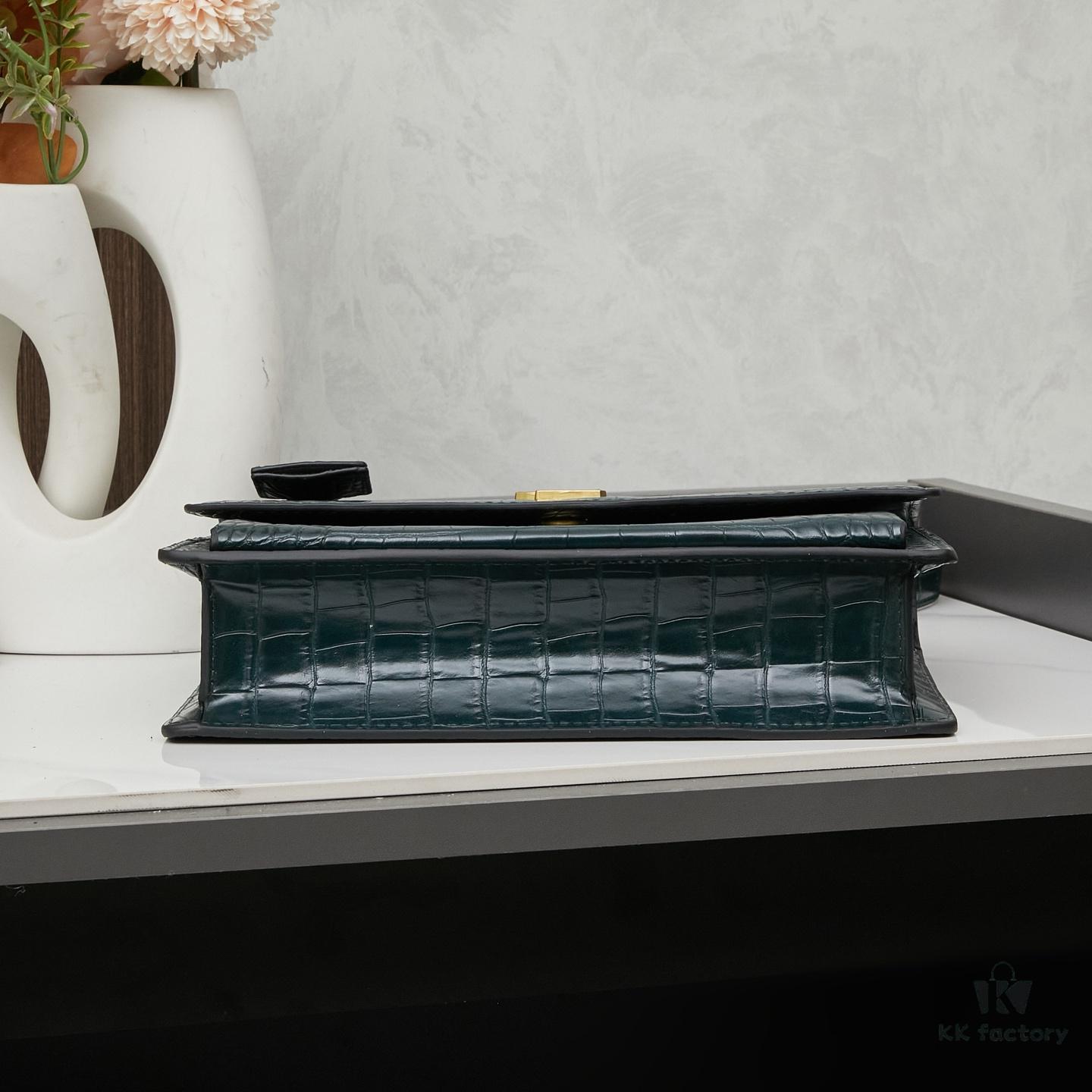 YSL SUNSET Crocodile-Embossed Shiny Leather Chain Handbag with Box