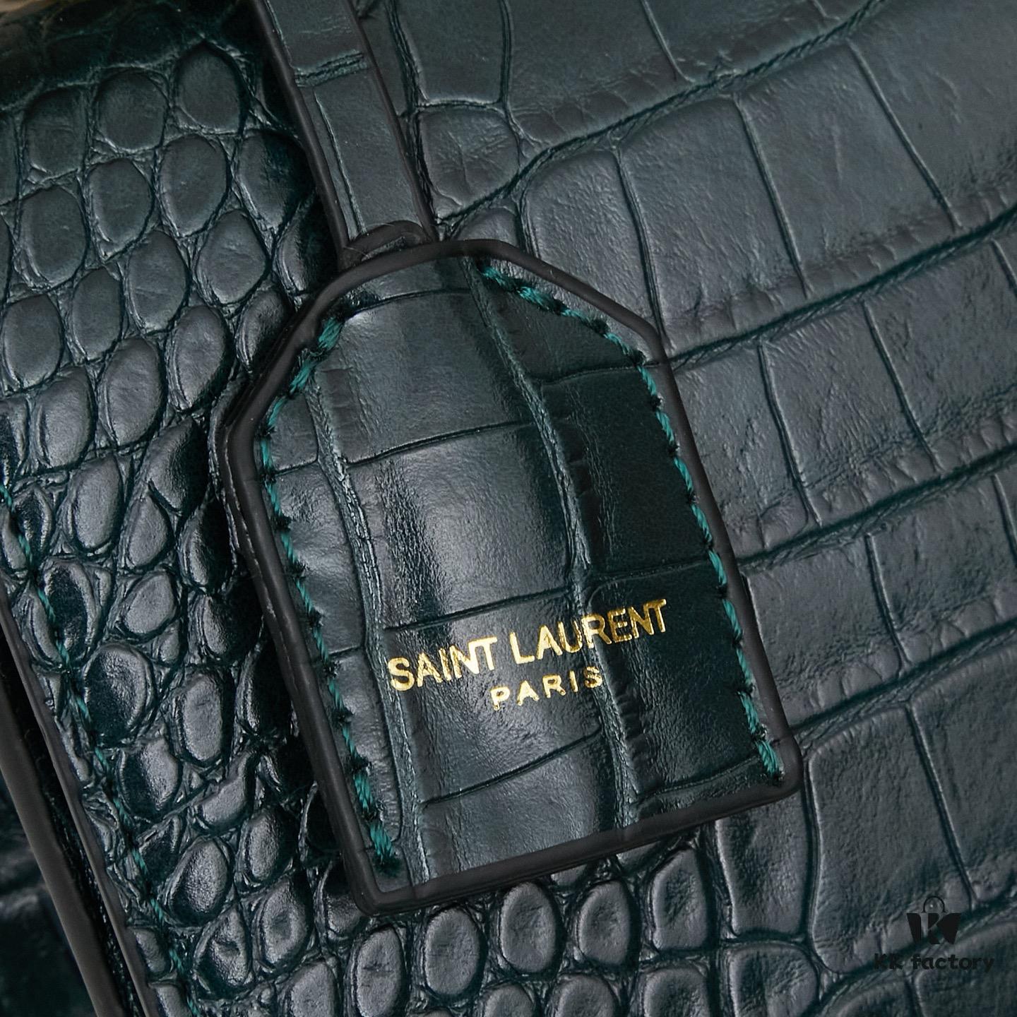 YSL SUNSET Crocodile-Embossed Shiny Leather Chain Handbag with Box