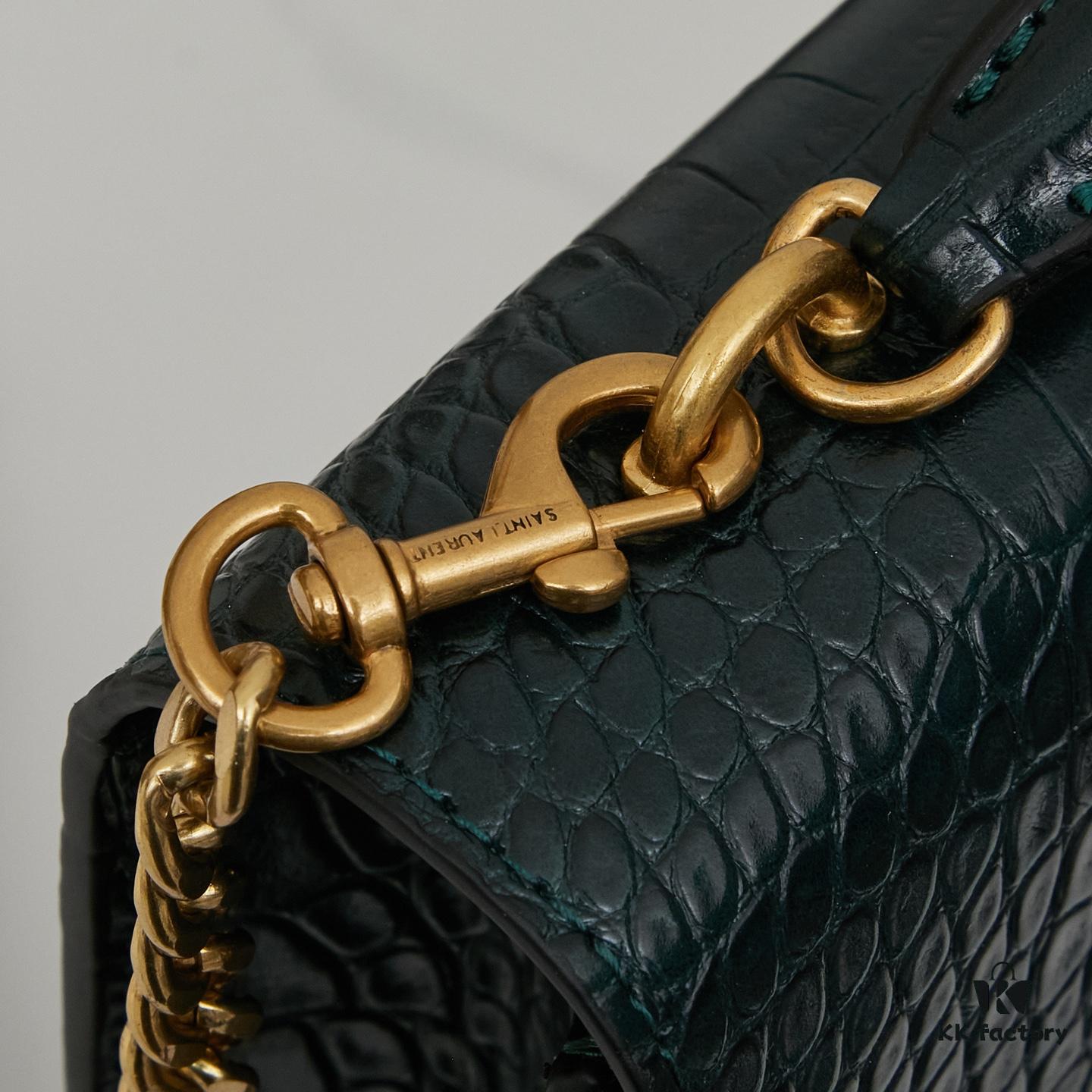 YSL SUNSET Crocodile-Embossed Shiny Leather Chain Handbag with Box