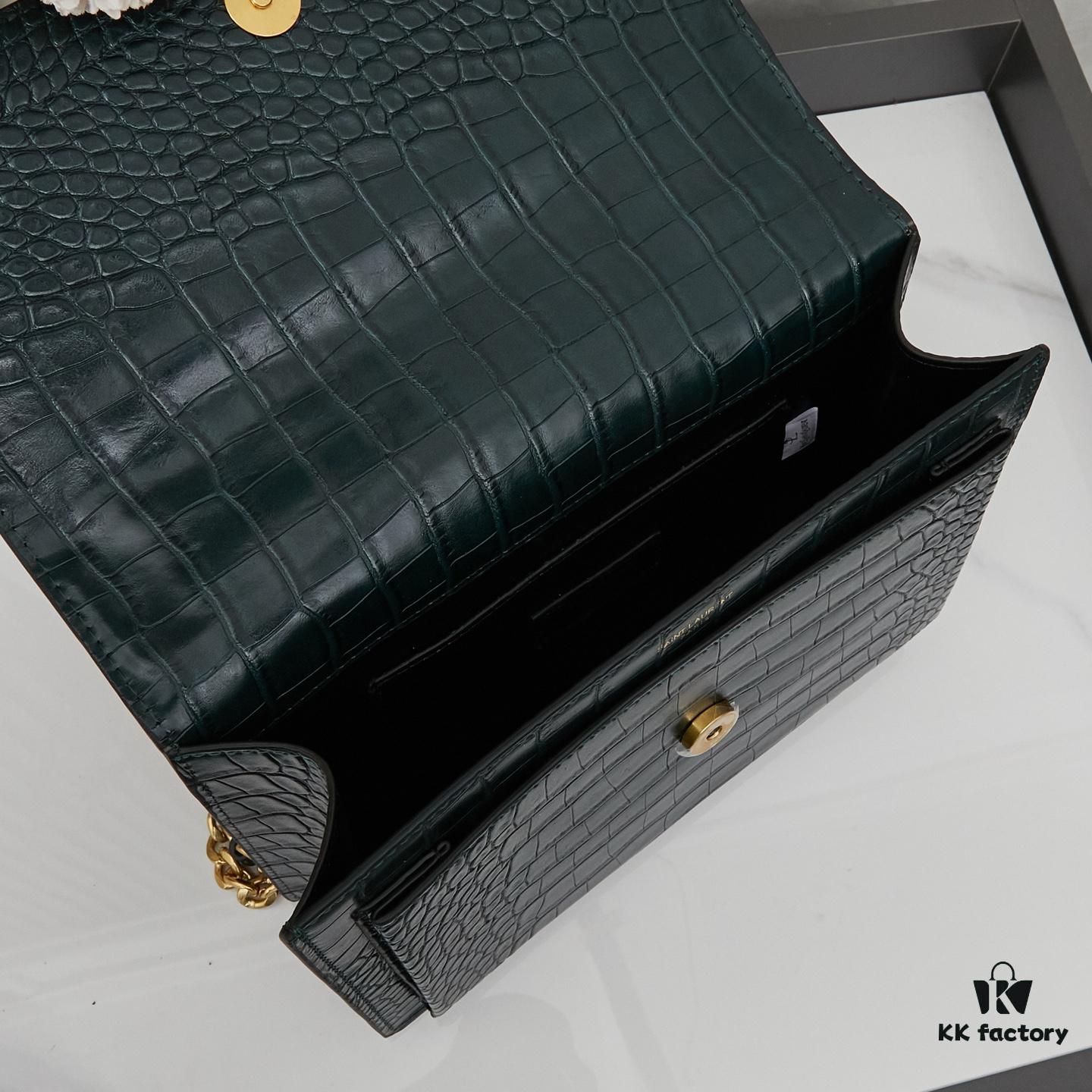 YSL SUNSET Crocodile-Embossed Shiny Leather Chain Handbag with Box