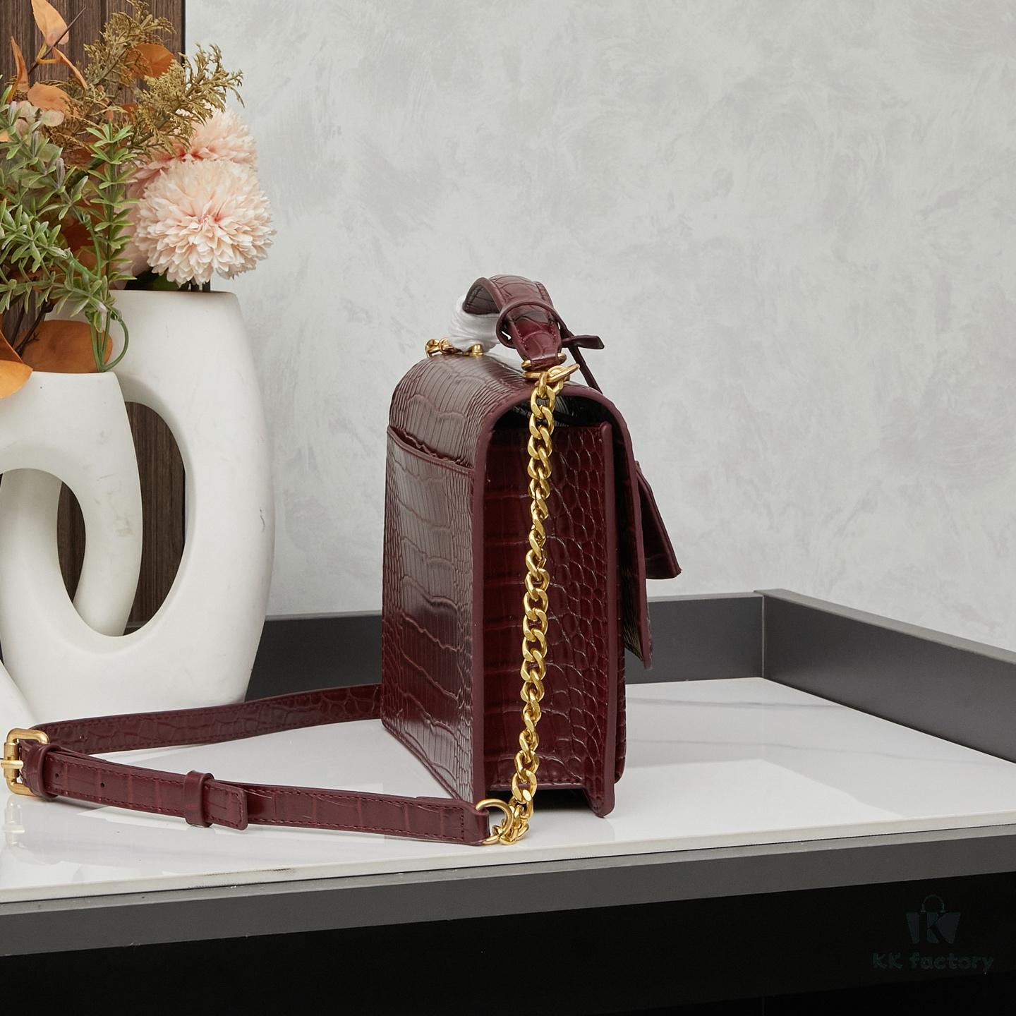 Saint Laurent SUNSET Embossed Crocodile-Texture Shiny Leather Chain Handbag with Box