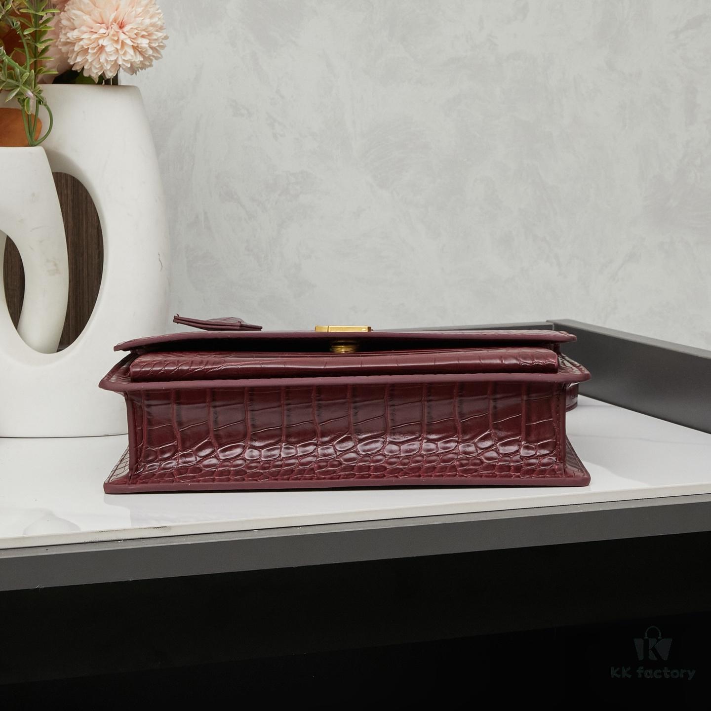 Saint Laurent SUNSET Embossed Crocodile-Texture Shiny Leather Chain Handbag with Box