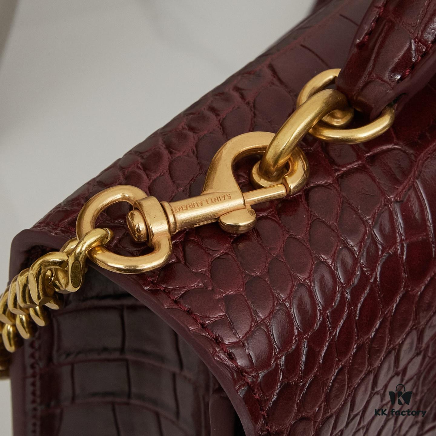 Saint Laurent SUNSET Embossed Crocodile-Texture Shiny Leather Chain Handbag with Box