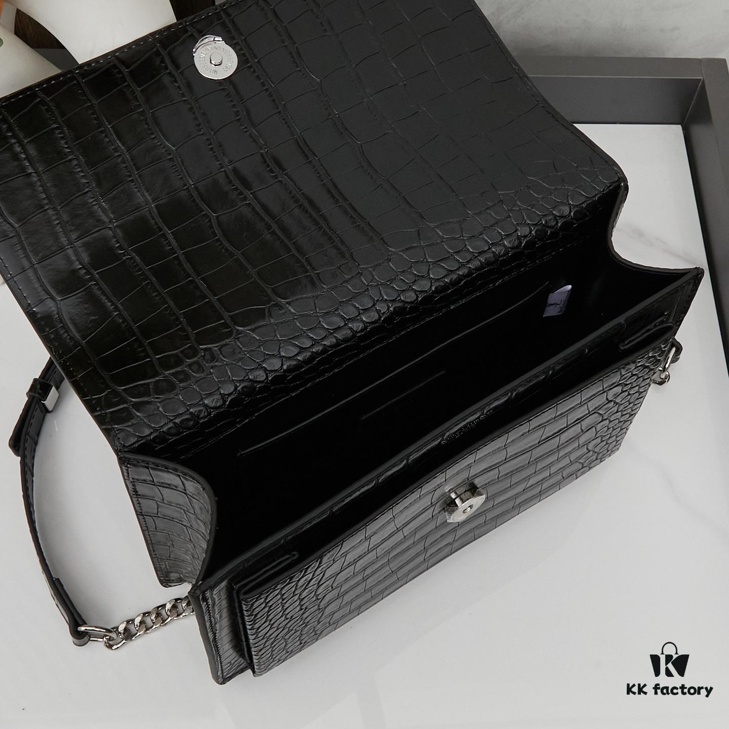 YSL SUNSET Crocodile Embossed Shiny Leather Chain Handbag with Box