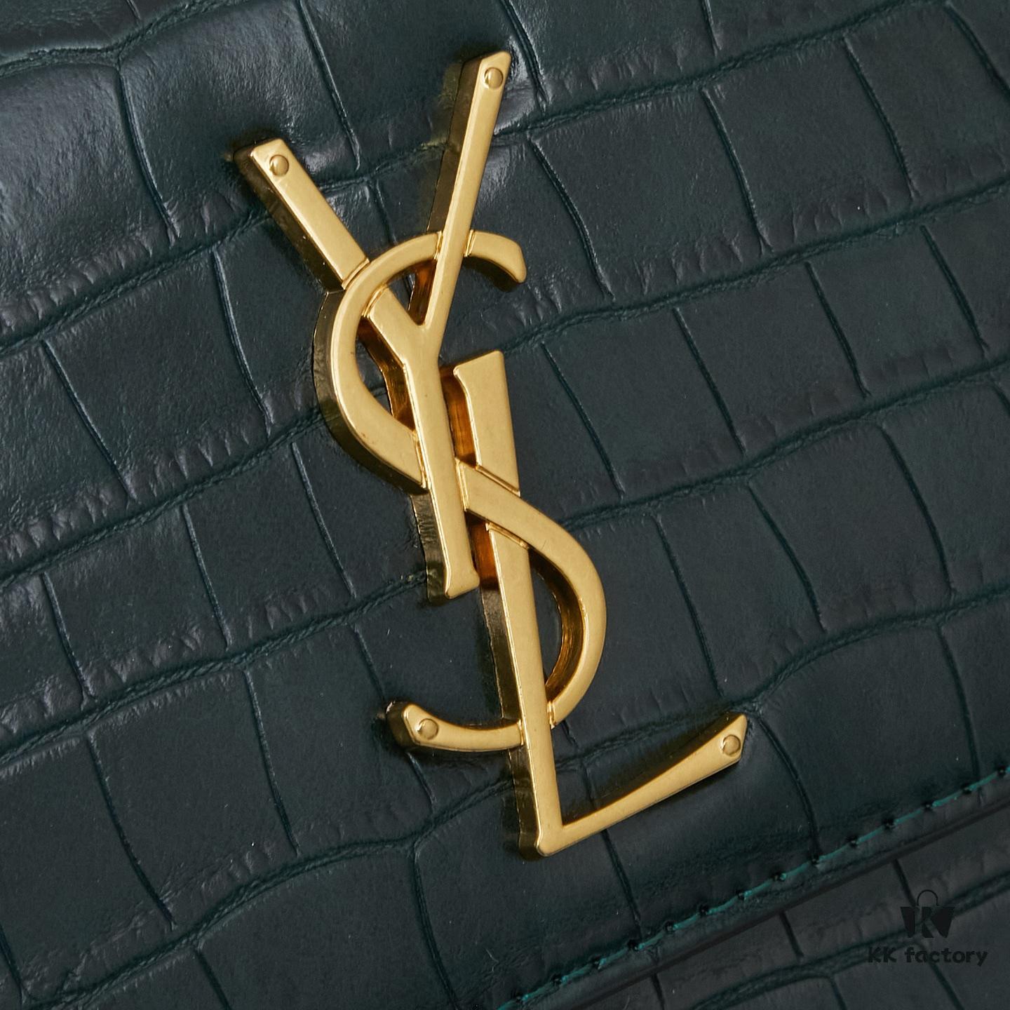 YSL SUNSET Crocodile-Embossed Shiny Leather Chain Handbag with Box