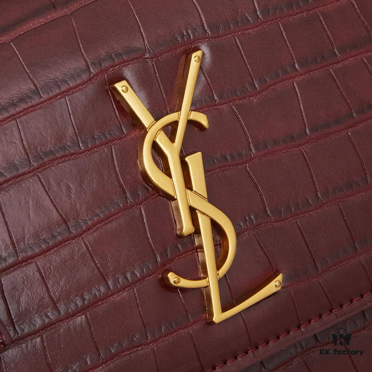 Saint Laurent SUNSET Embossed Crocodile-Texture Shiny Leather Chain Handbag with Box