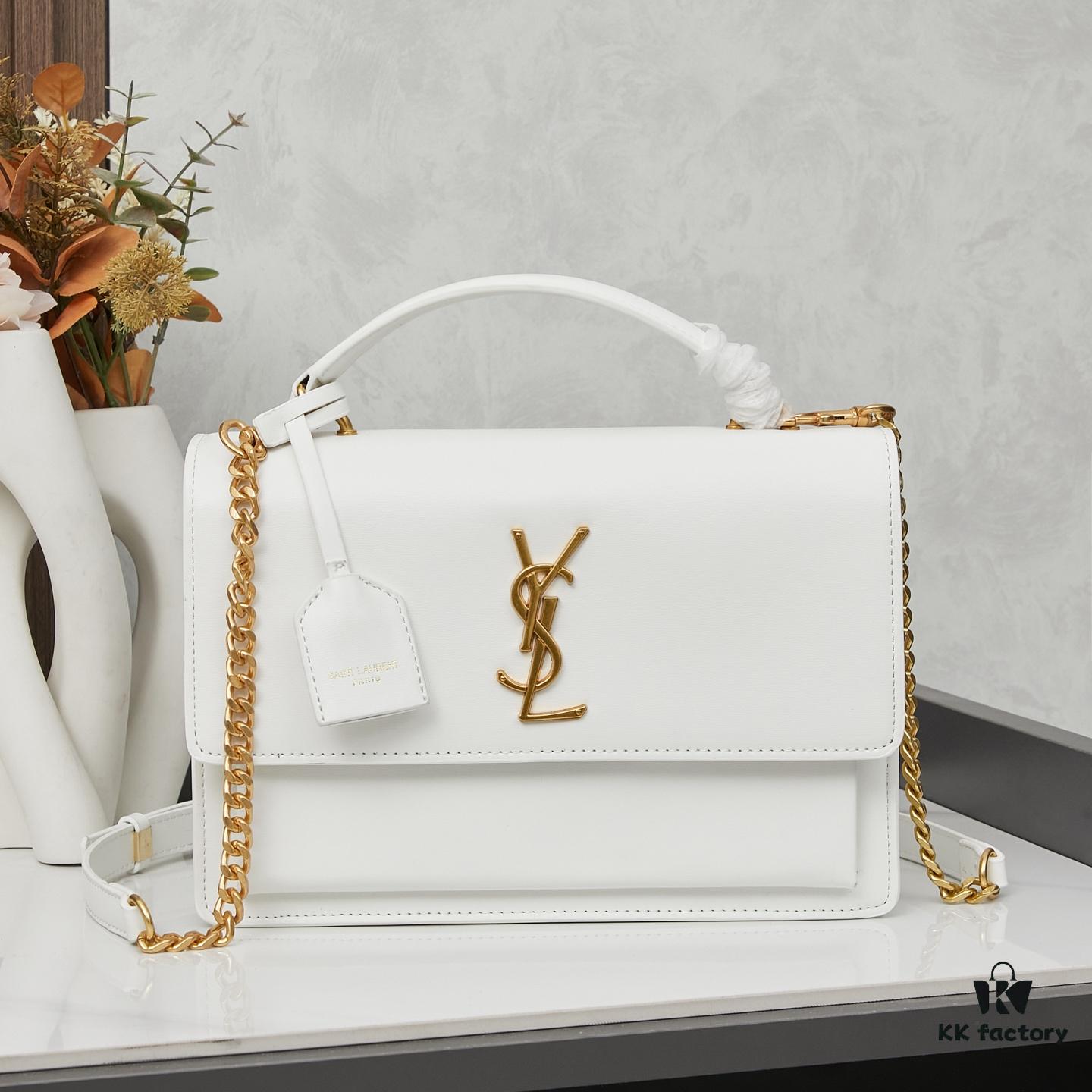 YSL Accordion Bag in Calfskin - Baby Size, Beige with White Stitching