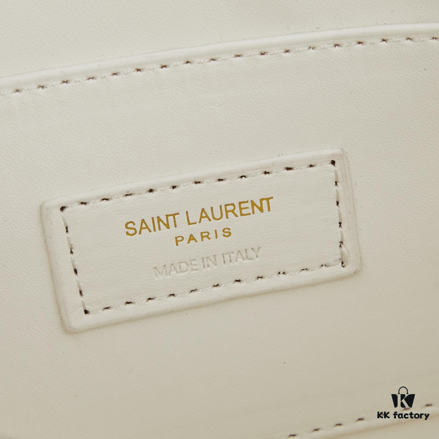 YSL Accordion Bag in Calfskin - Baby Size, Beige with White Stitching