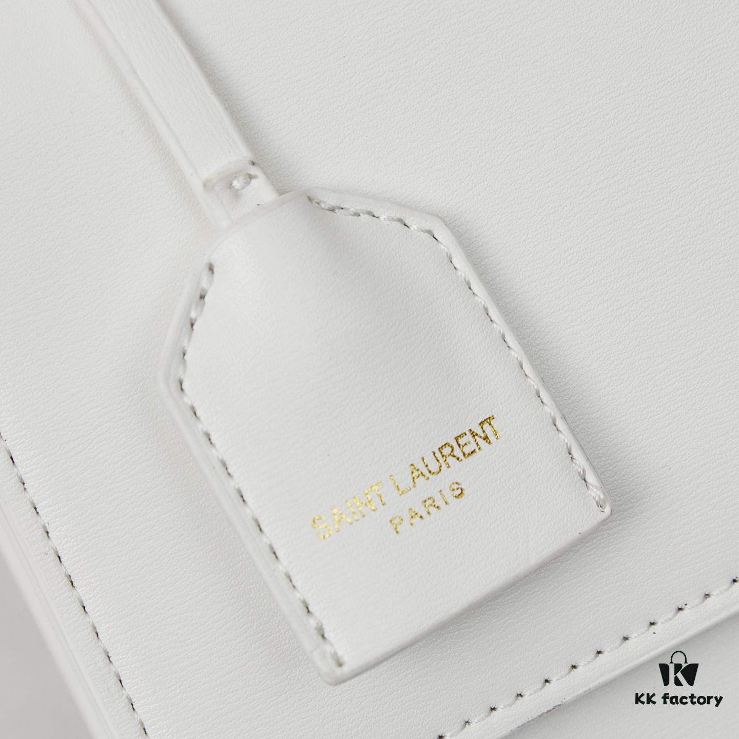 YSL Accordion Bag in Calfskin - Baby Size, Beige with White Stitching