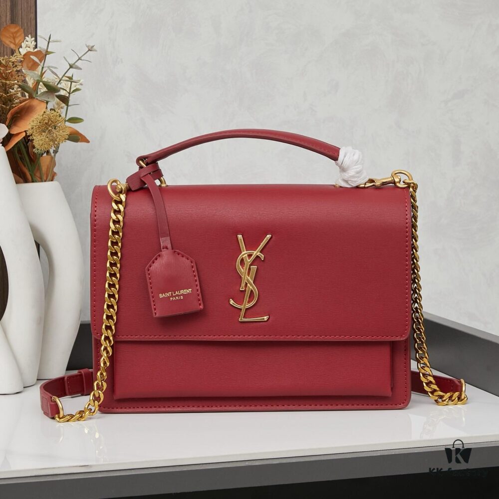 YSL Accordion Bag in Calfskin - Baby Size, Beige with White Stitching