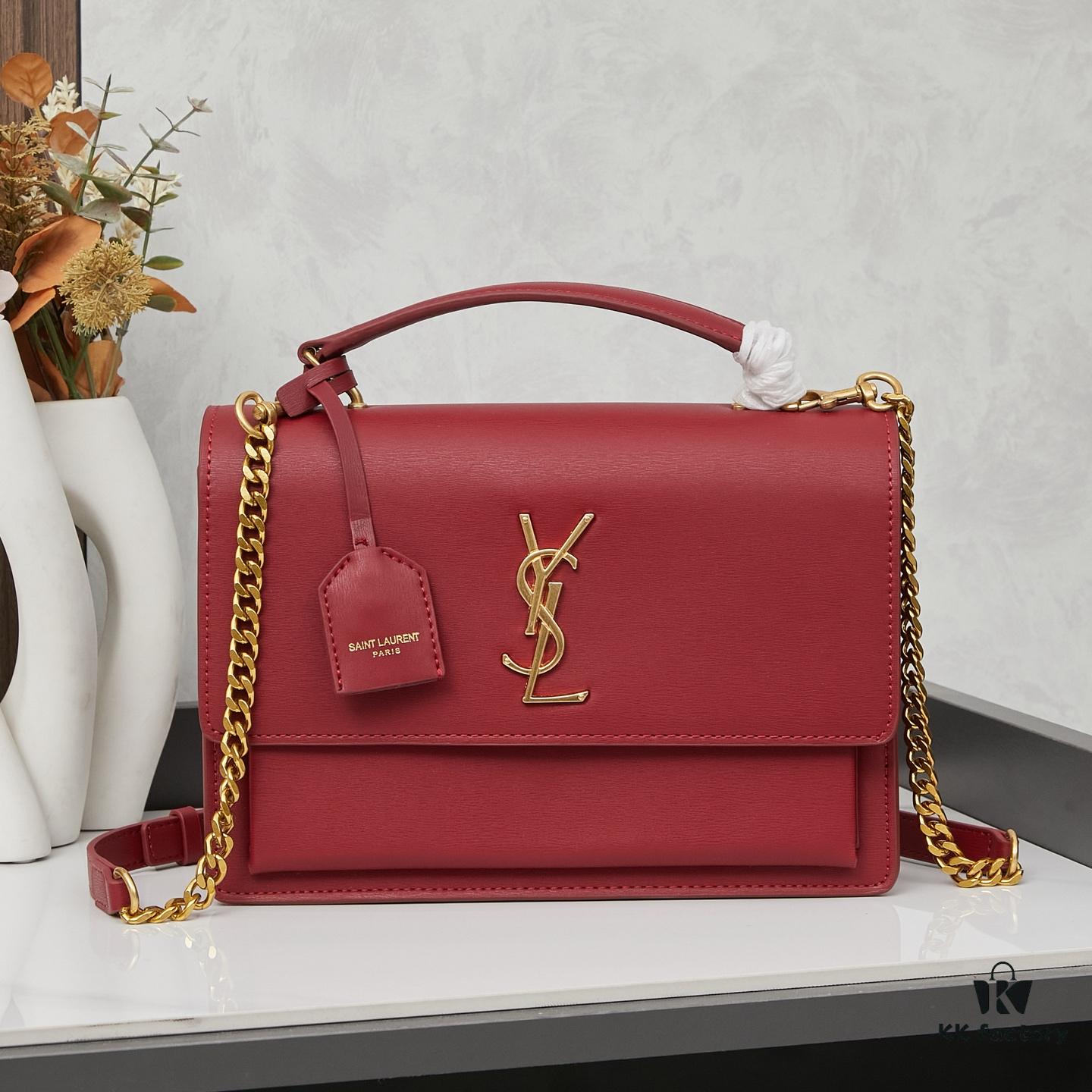 YSL Accordion Bag in Calfskin - Baby Size, Beige with White Stitching