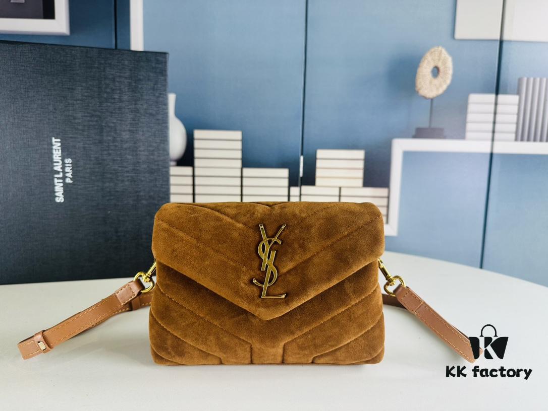 Small YSL Loulou Suede Leather Chain Shoulder Bag in Black and Brown with Box