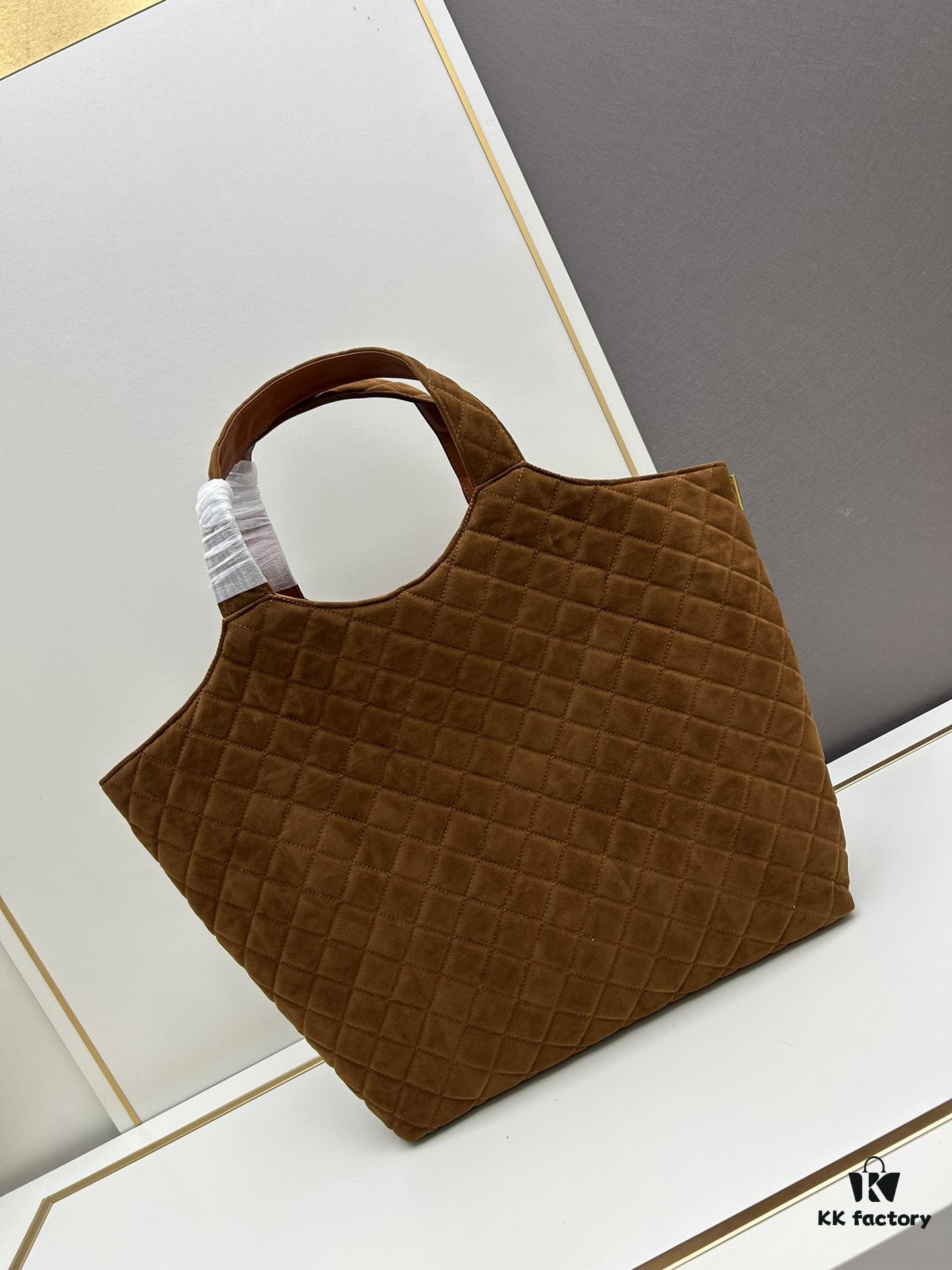 New YSL Saint Laurent Suede Icare Quilted Tote Bag in Black and Caramel
