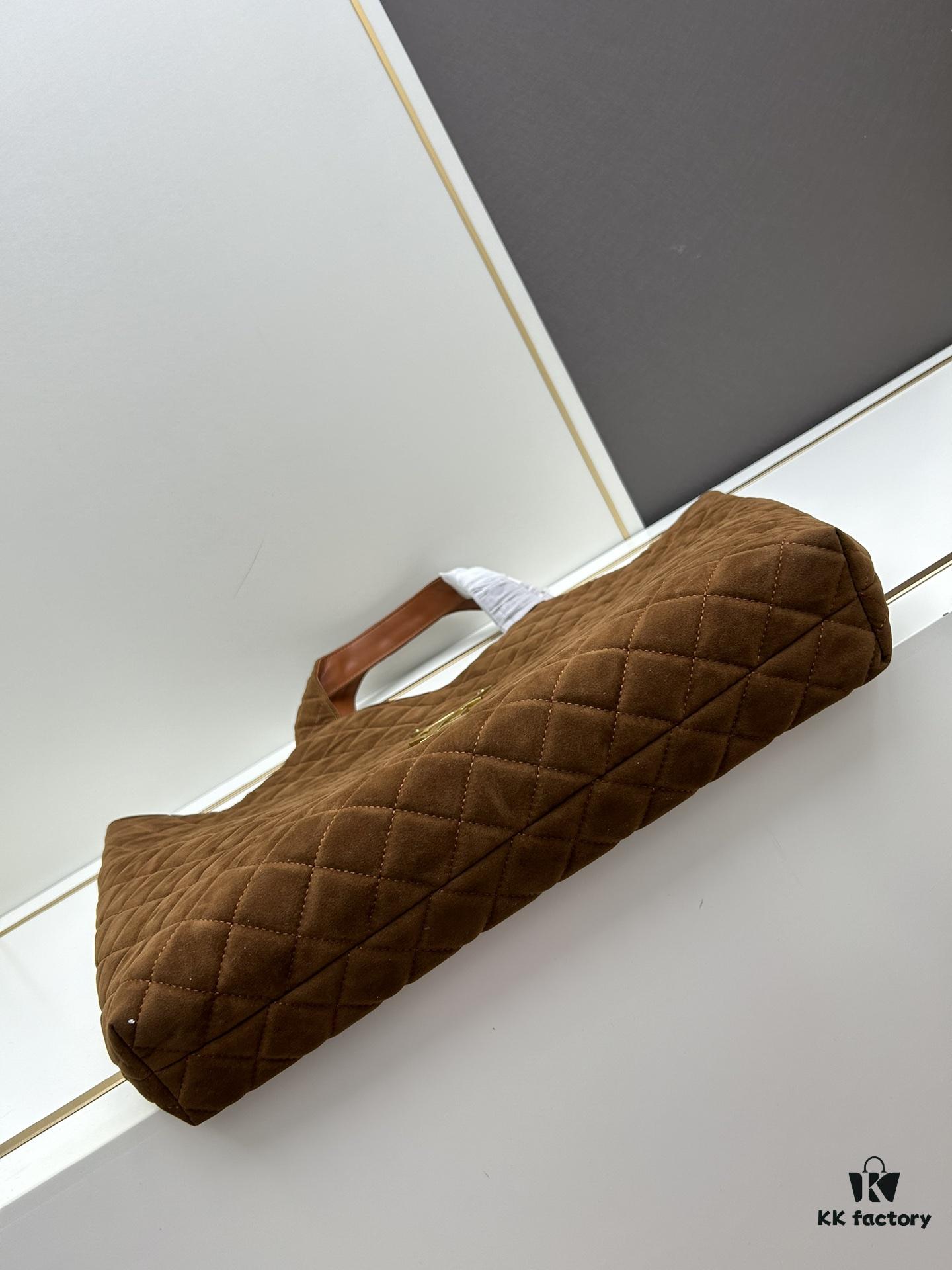 New YSL Saint Laurent Suede Icare Quilted Tote Bag in Black and Caramel