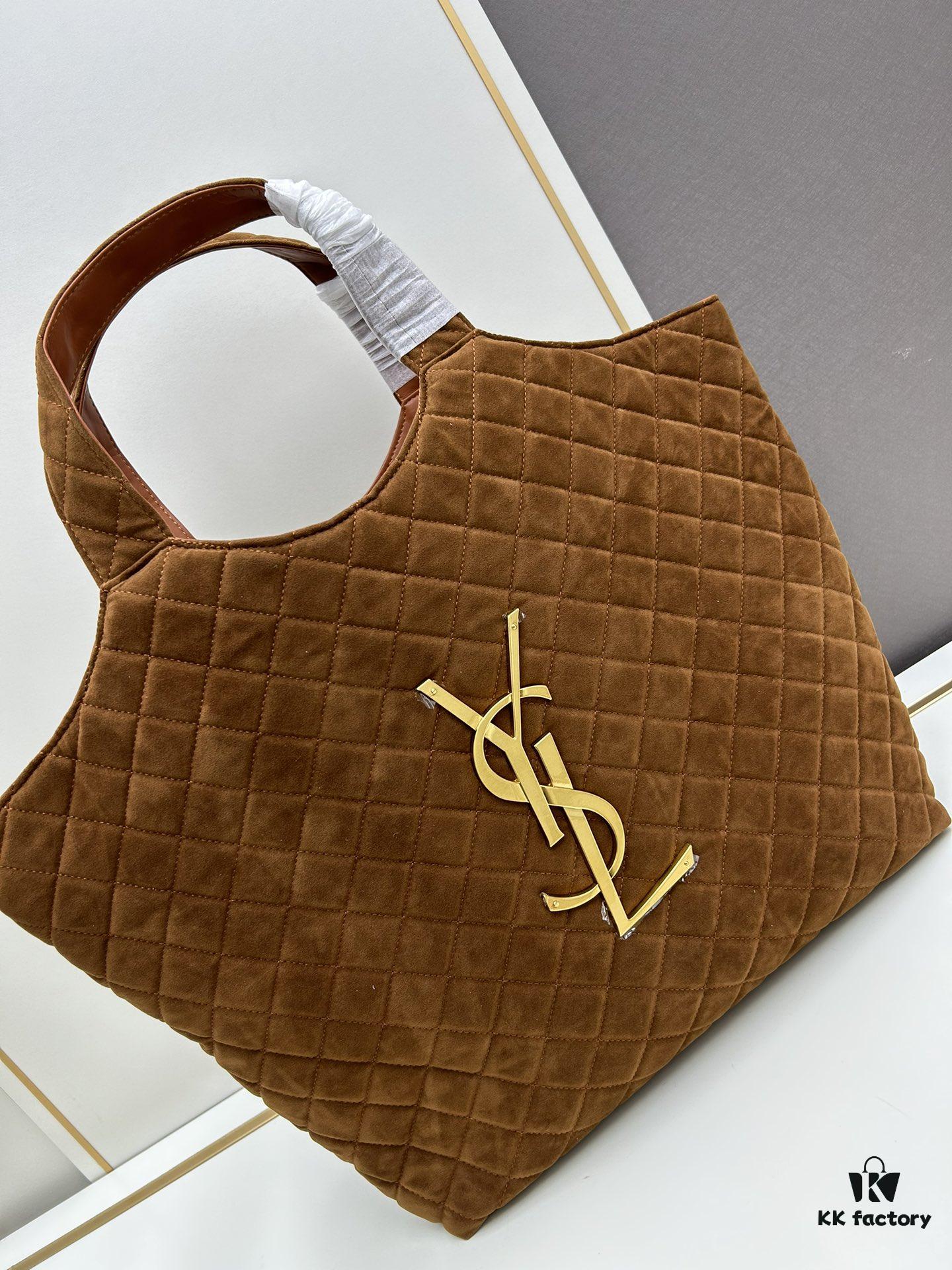 New YSL Saint Laurent Suede Icare Quilted Tote Bag in Black and Caramel