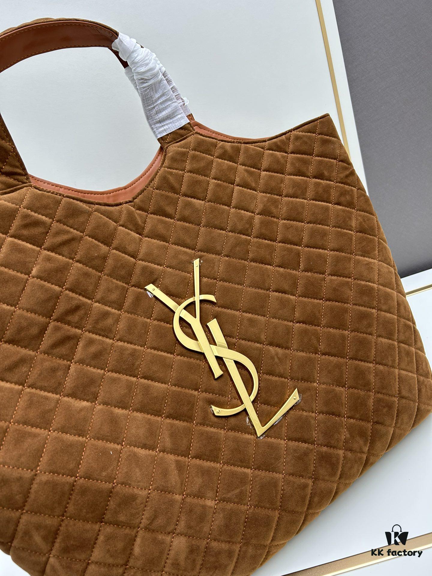 New YSL Saint Laurent Suede Icare Quilted Tote Bag in Black and Caramel