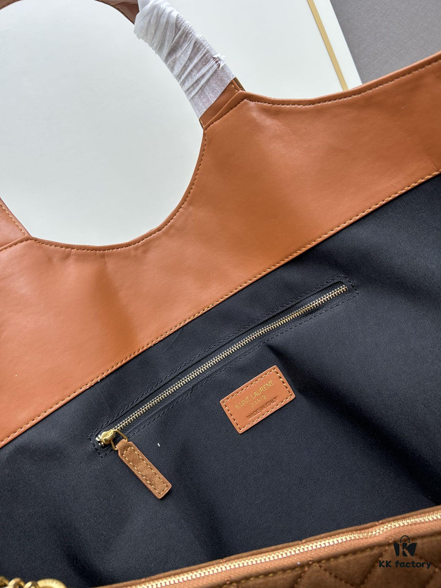 New YSL Saint Laurent Suede Icare Quilted Tote Bag in Black and Caramel