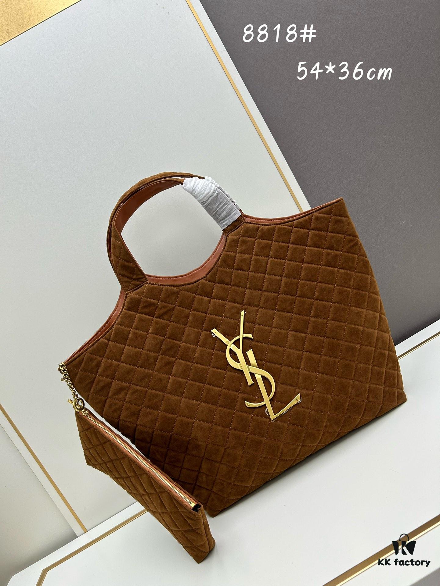 New YSL Icare Suede Quilted Tote Bag in Black and Caramel