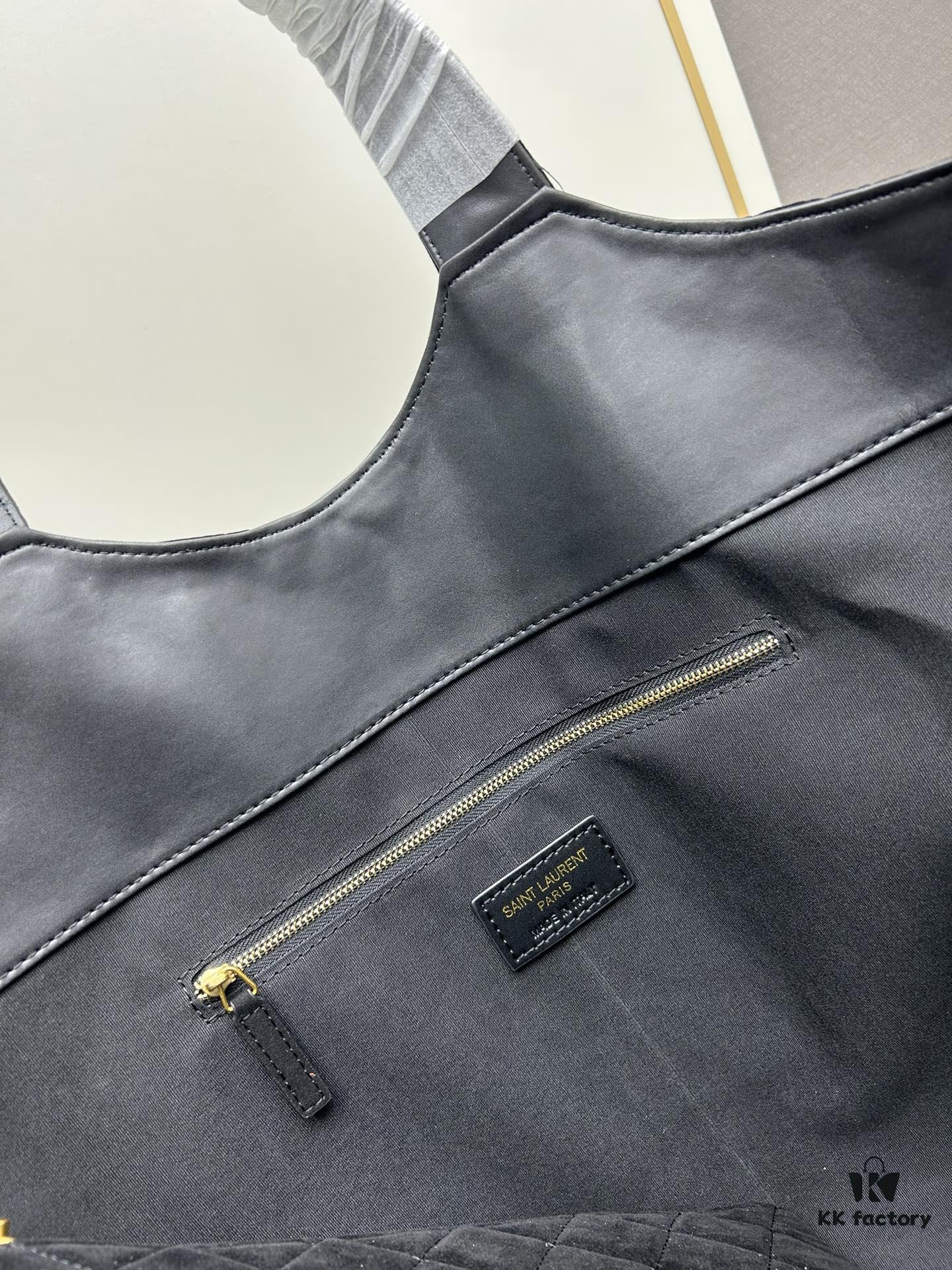 New YSL Icare Suede Quilted Tote Bag in Black and Caramel