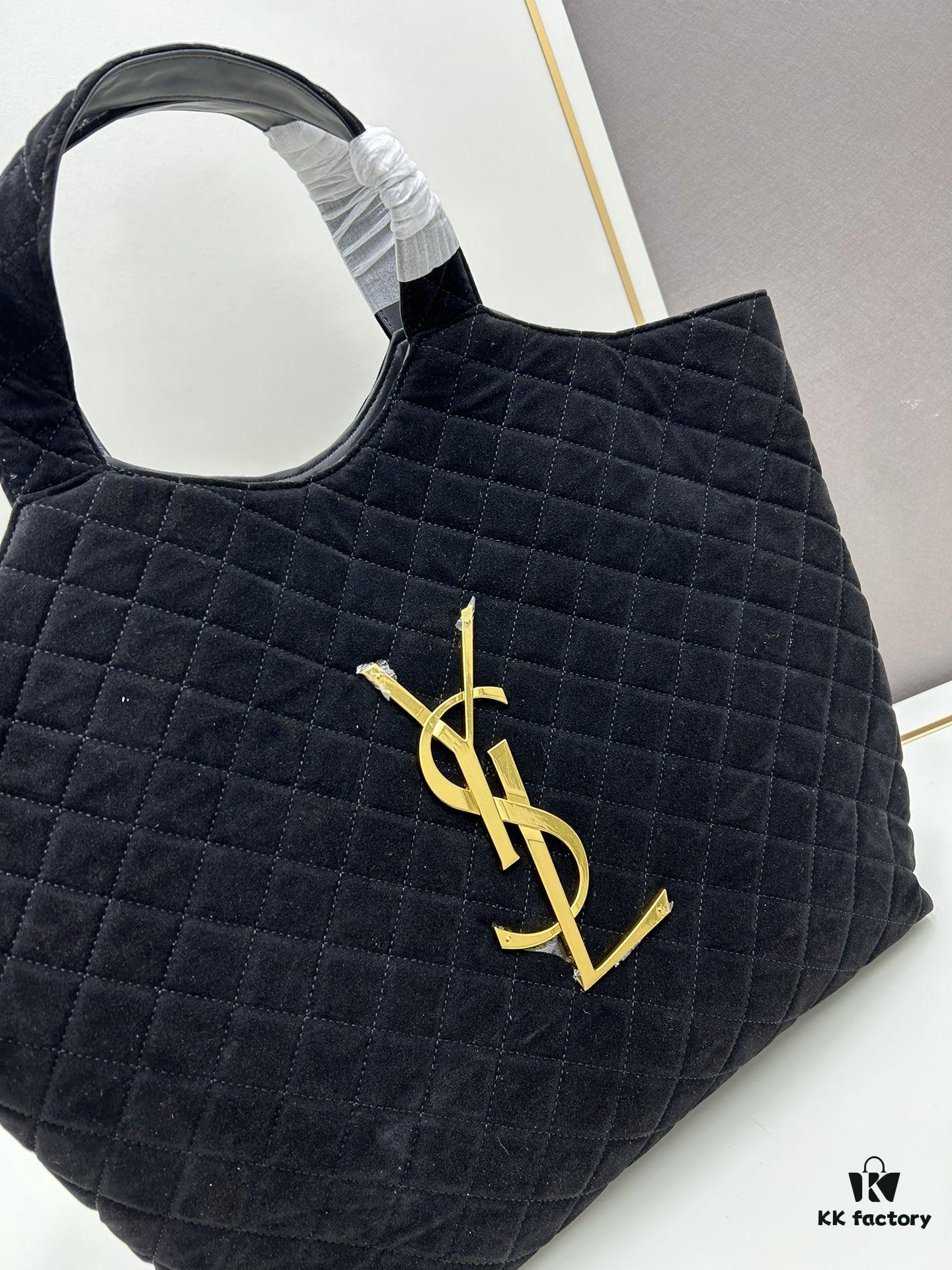 New YSL Icare Suede Quilted Tote Bag in Black and Caramel