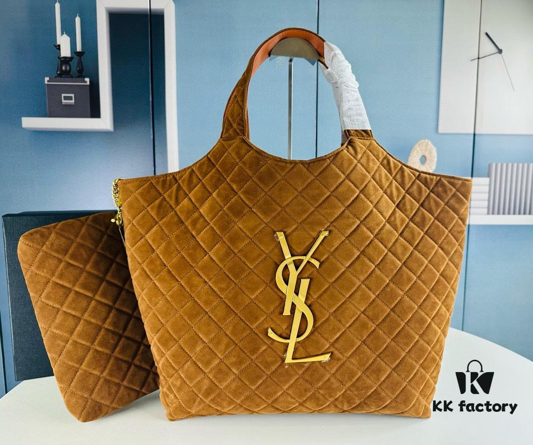 New YSL Icare Suede Quilted Tote Bag in Black and Caramel