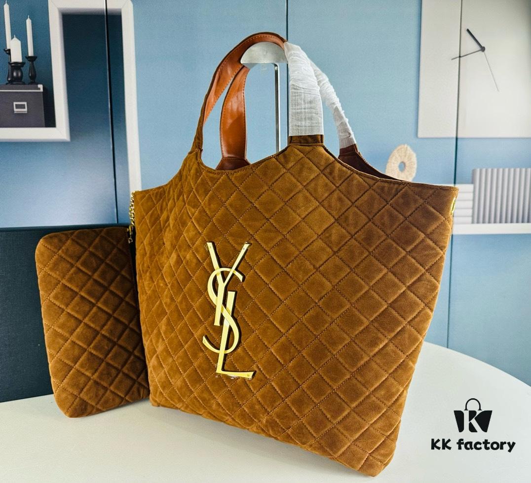 New YSL Icare Suede Quilted Tote Bag in Black and Caramel