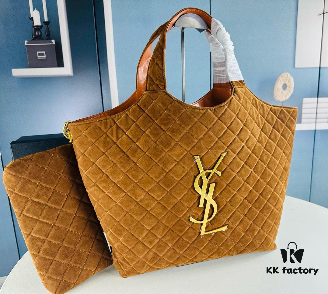 New YSL Icare Suede Quilted Tote Bag in Black and Caramel