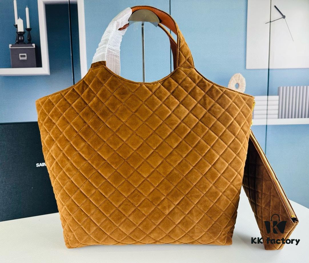 New YSL Icare Suede Quilted Tote Bag in Black and Caramel