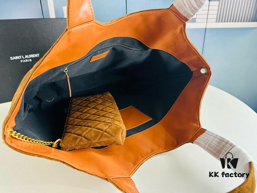 New YSL Icare Suede Quilted Tote Bag in Black and Caramel