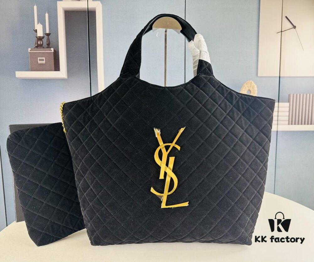 New YSL Icare Suede Quilted Tote Bag in Black and Caramel
