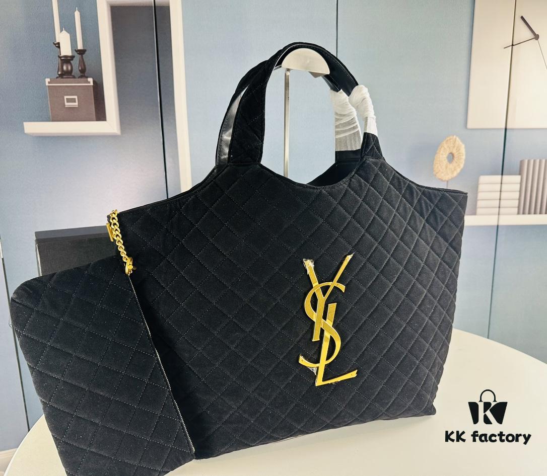 New YSL Icare Suede Quilted Tote Bag in Black and Caramel